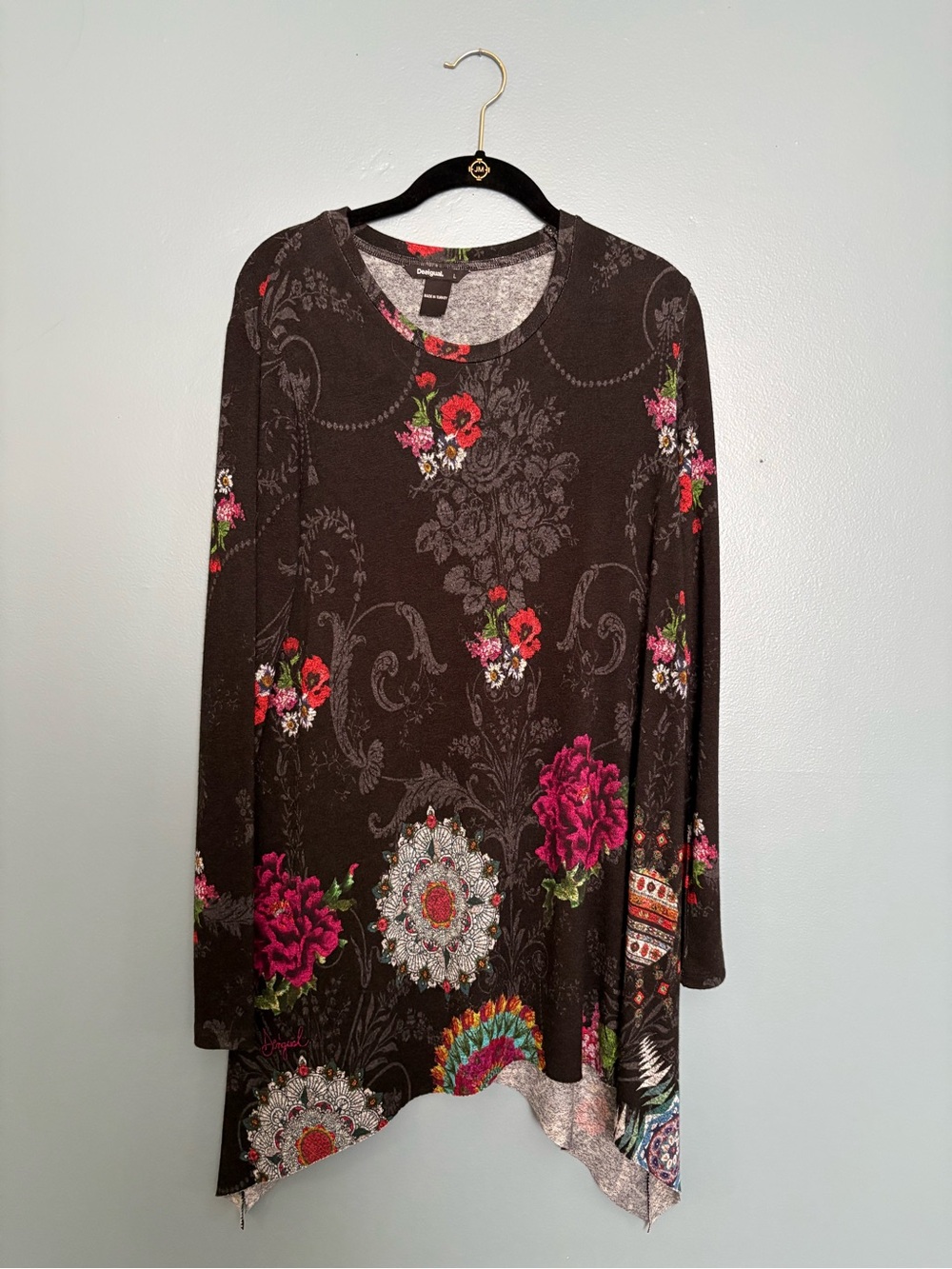 Desigual Floral Asymmetric Long-Sleeve Tunic Top - Black with Pink Accents